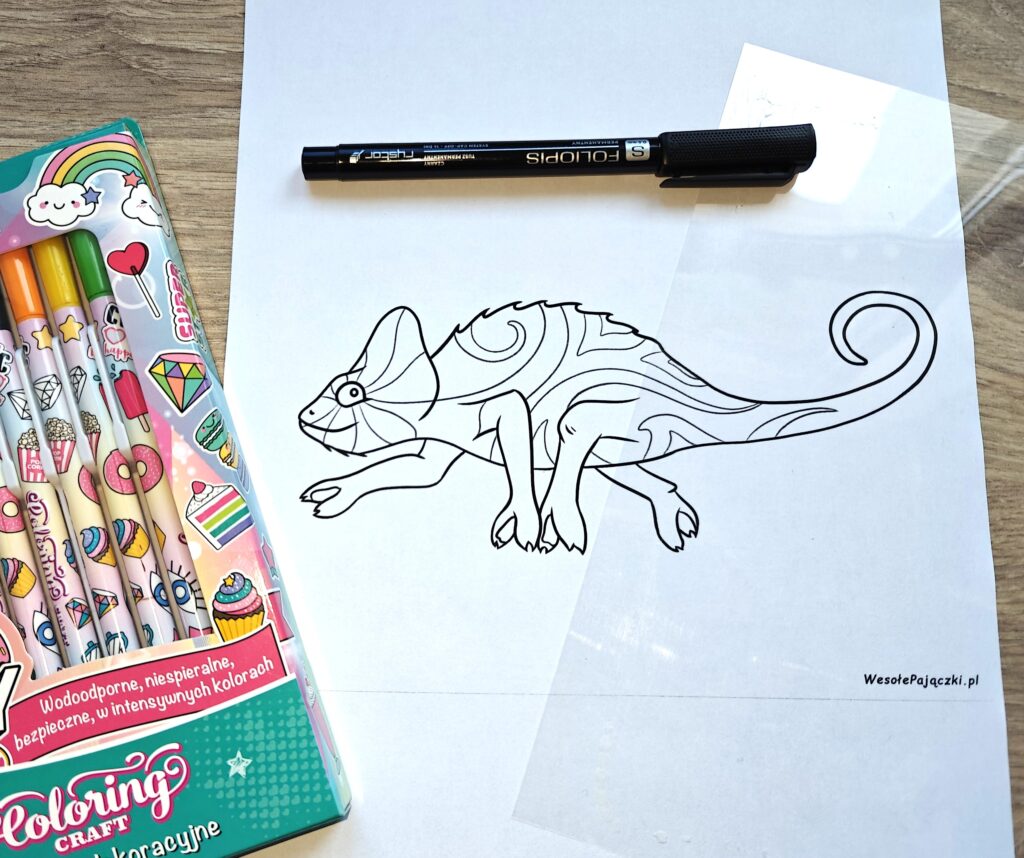 Widok na pulpit biurka z przygotowanymi narzedziami do pracy. Kolorowe wodoodporne mazaki, bezbarwna folia i kolorowanka z kameleonem.