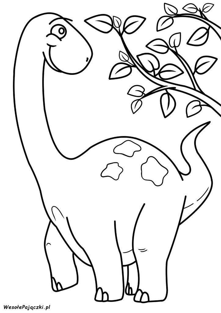 Duży dinozaur który spogląda na smakowite, świeże listki drzewa.