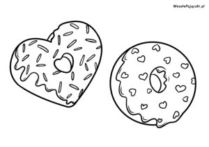 Donut w kształcie serca z posypką z cukierków oraz tradycyjny donut z posypką ze słodkich serduszek.