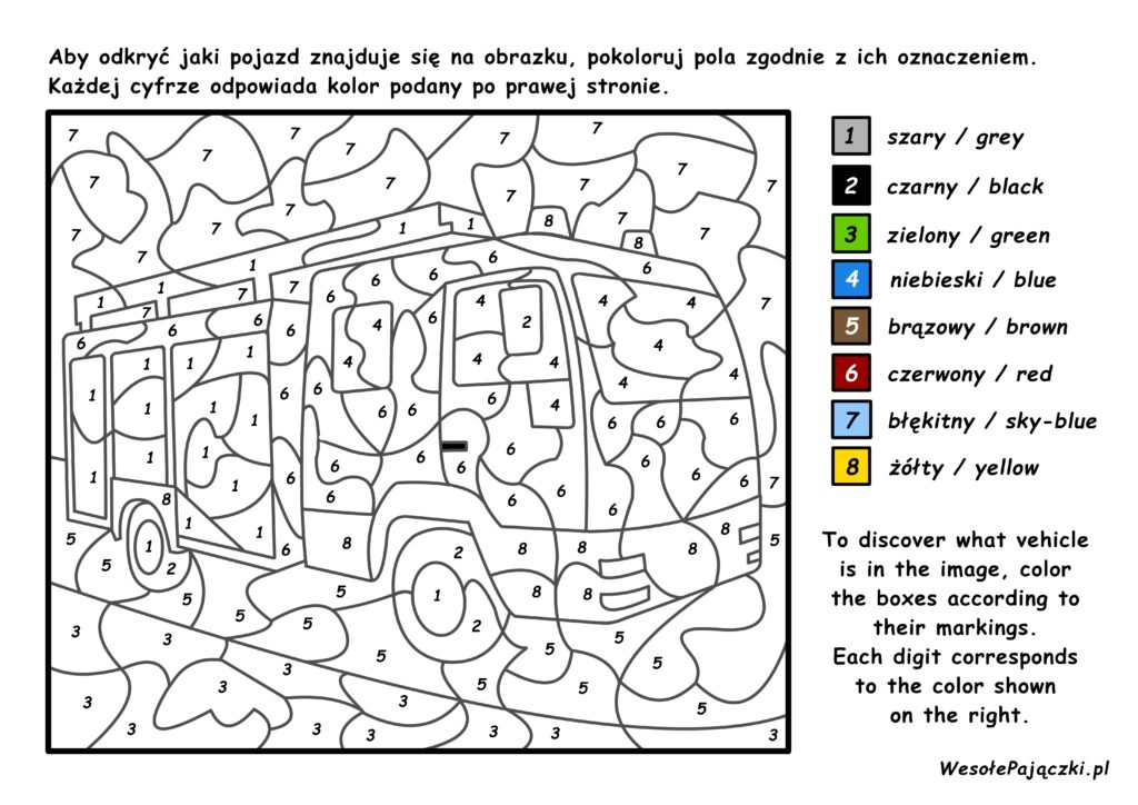 Obrazek z ukrytym pojazdem. Kolorowanie po numerkach.