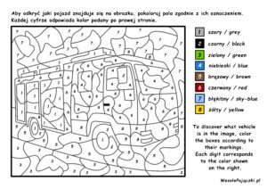 Obrazek z ukrytym pojazdem. Kolorowanie po numerkach.