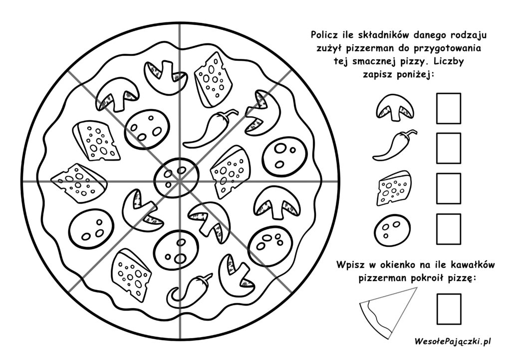 Kolorowanka pizza ser, szynka, pieczarki z zadaniem.