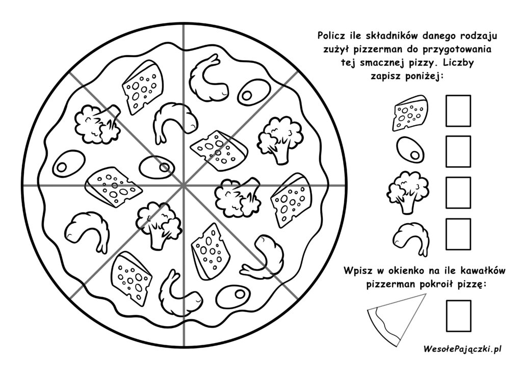 Kolorowanka plus zadanie na liczenie składników na pizzy śródziemnomorskiej.
