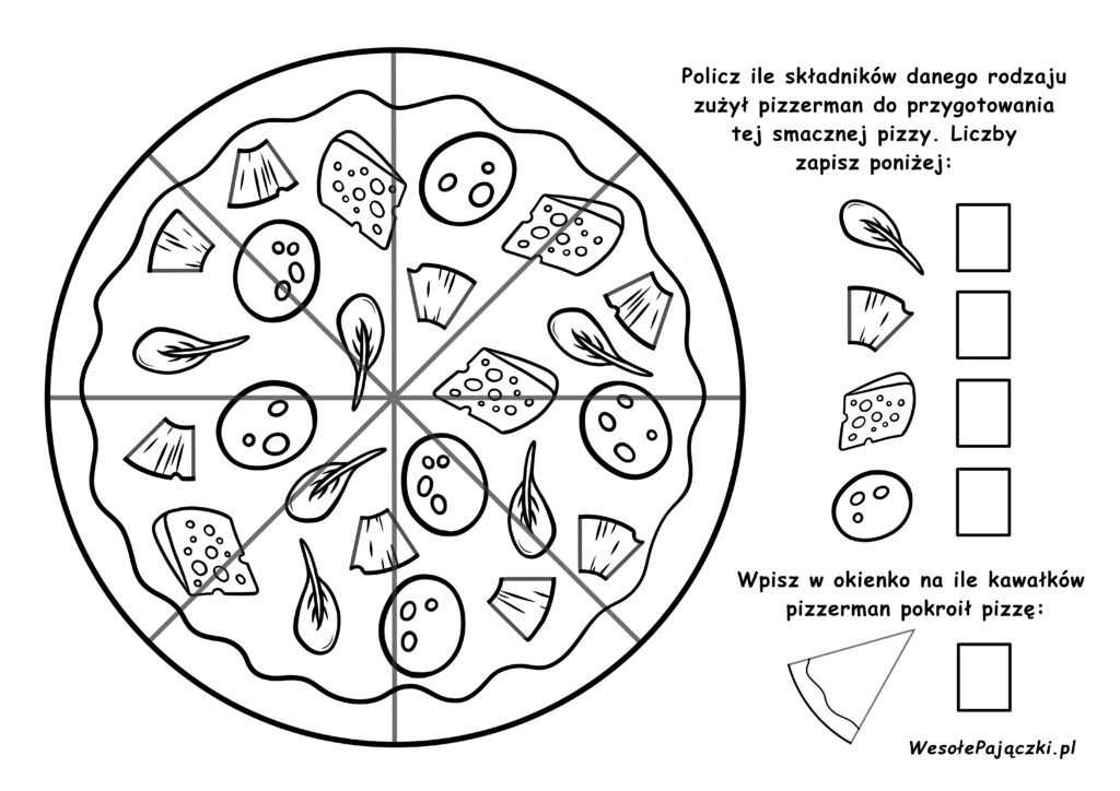 Kolorowanka z zadaniem policzenia składników na pizzy z ananasem.