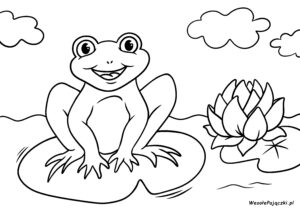 Wesoła żabka siedząca na liściu wodnej lilii.