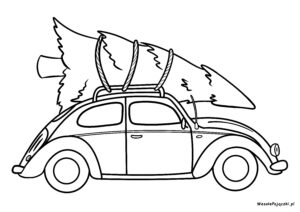 Garbusik wiozący na dachu duże drzewko iglaste.