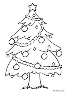 Przystrojona choinka przed domem w formie kolorowanki