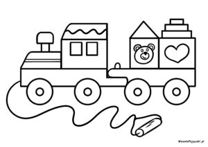 Drewniana, zabawkowa ciuchcia do pokolorowania po wydrukowaniu.