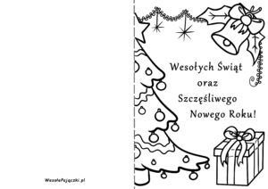 Składana, świąteczna kartka z życzeniami "Wesołych Świąt i Szczęśliwego Nowego Roku!". Na okładce znajduje się choinka, dzwoneczek, prezent.