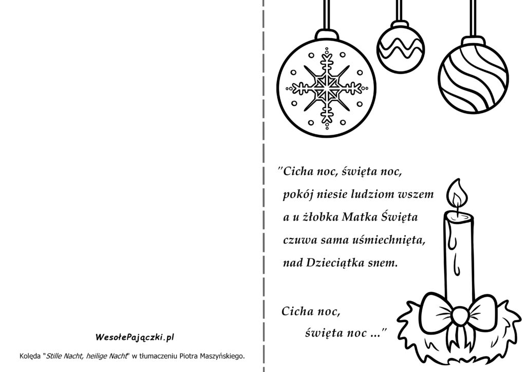 Świąteczna kolorowanka z kolędą, która po złożeniu stworzy karnet okolicznościowy.