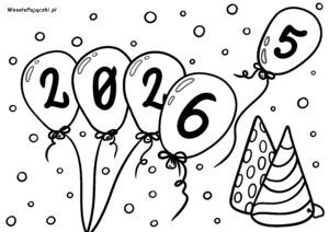 Ilustracja sylwestrowa do pokolorowania z balonikami i czapeczkami imprezowymi.