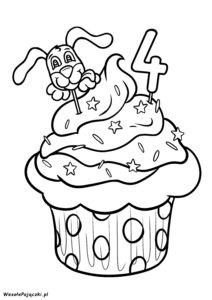 Słodka, kolorowa babeczka z radosnym szczeniaczkiem na czwarte urodziny