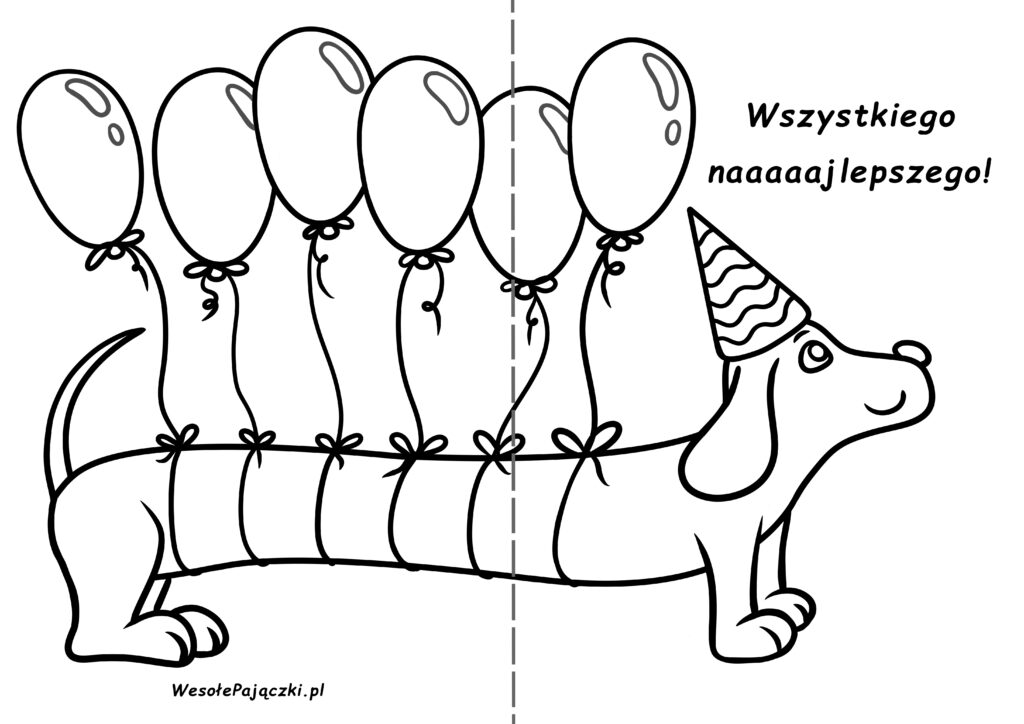 Karnet urodzinowy z jamnikiem niosącym baloniki.