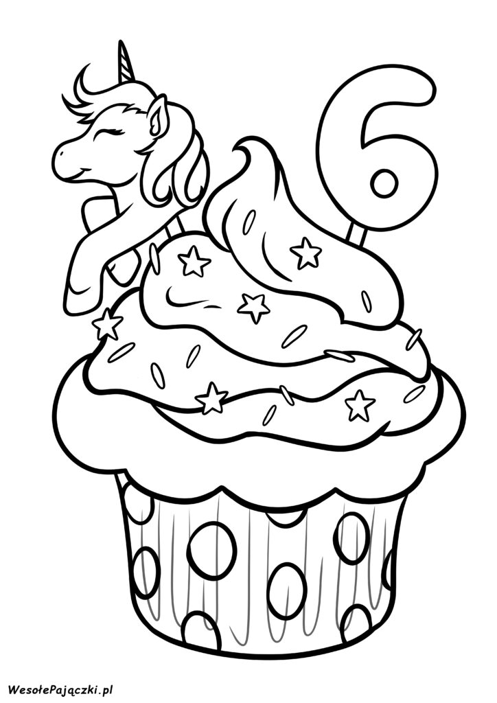 Słodka babeczka urodzinowa z toppingiem w kształcie jednorożca poleca się na szóstą rocznicę